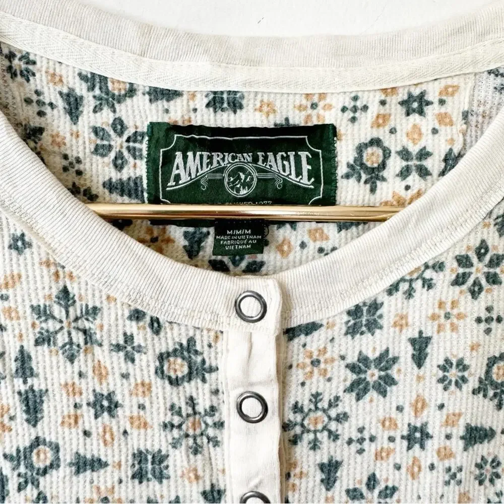 American Eagle Green Tree Snowflake Winter Thermal One Piece Long John Pajamas M